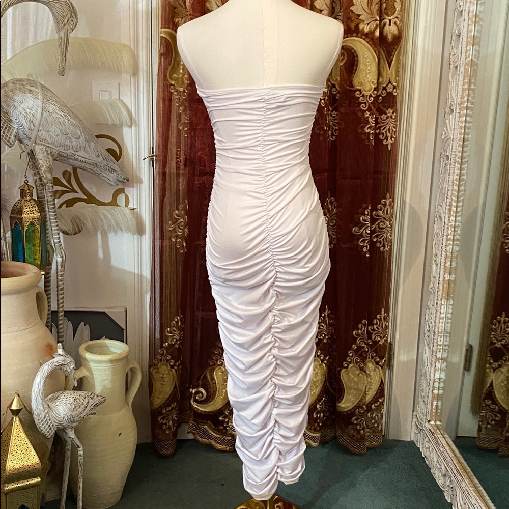 Off White Bodycon Ruched Strapless Dress